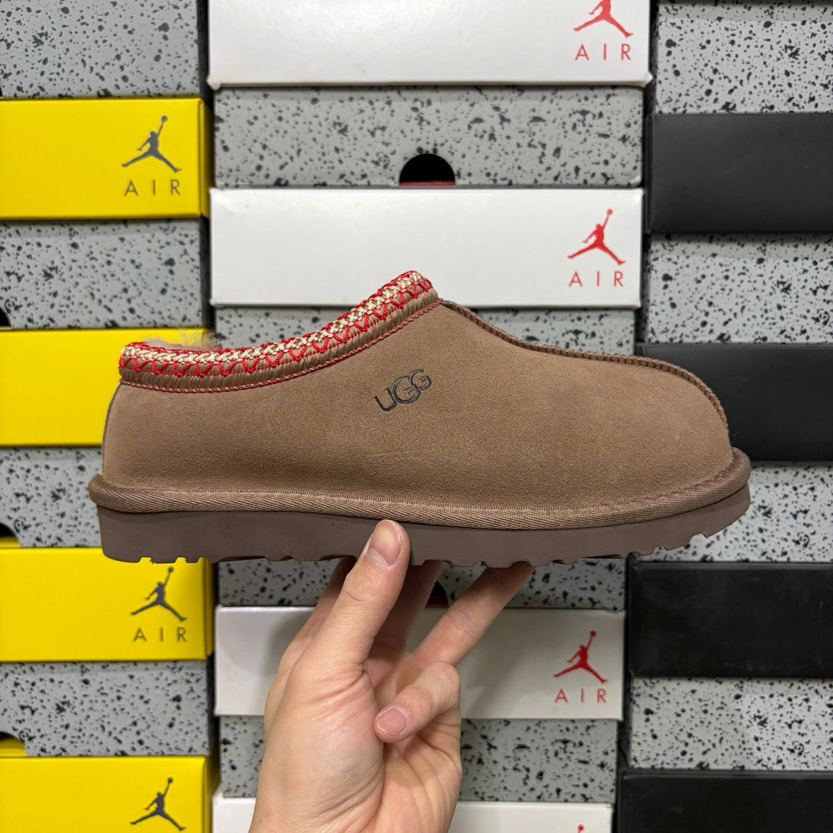 UGG Tasman Slip-On Slipper – Suede Moccasin with Shearling Lining, Red & Gold Woven Collar & Mocha Lug Sole in Camel