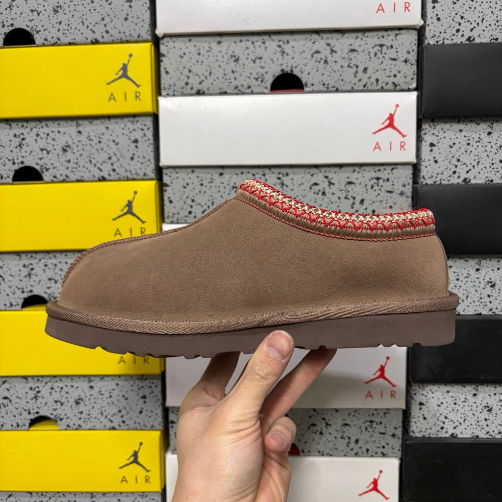 UGG Tasman Slip-On Slipper – Suede Moccasin with Shearling Lining, Red & Gold Woven Collar & Mocha Lug Sole in Camel