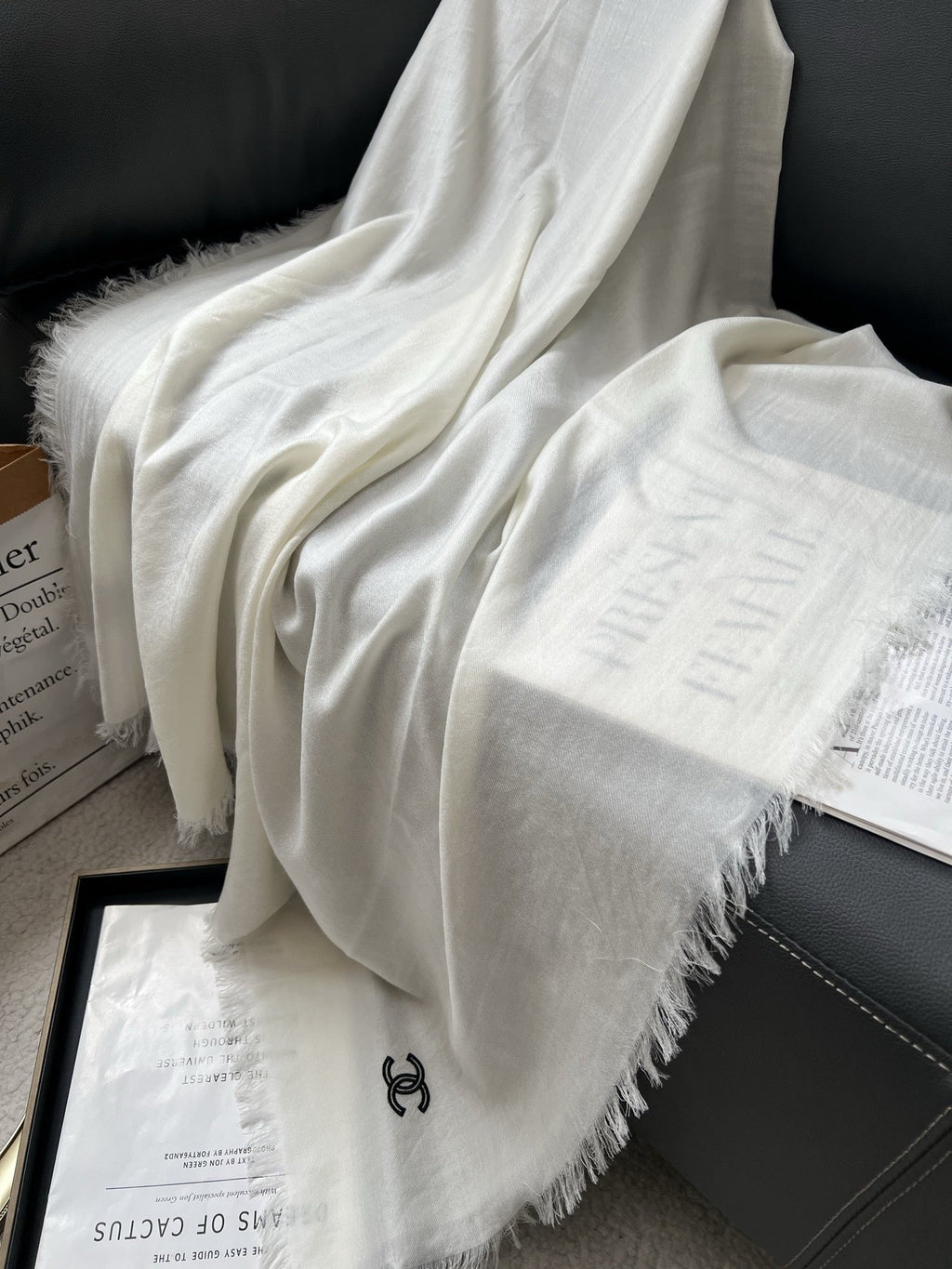 Chanel Style Lightweight Embroidered Logo Scarf